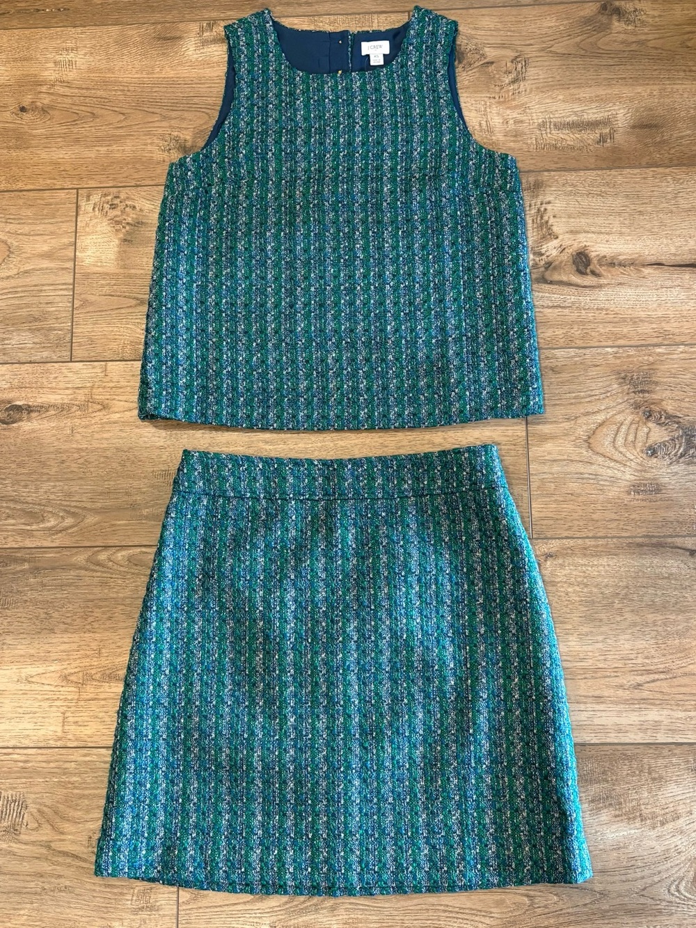 J. Crew Teal and Navy Tweed Two-Piece Skirt Set Top is NWT